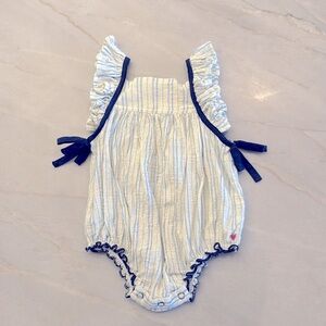 Pink Chicken - blue and white striped bubble - navy ruffles and bows - 6-12M